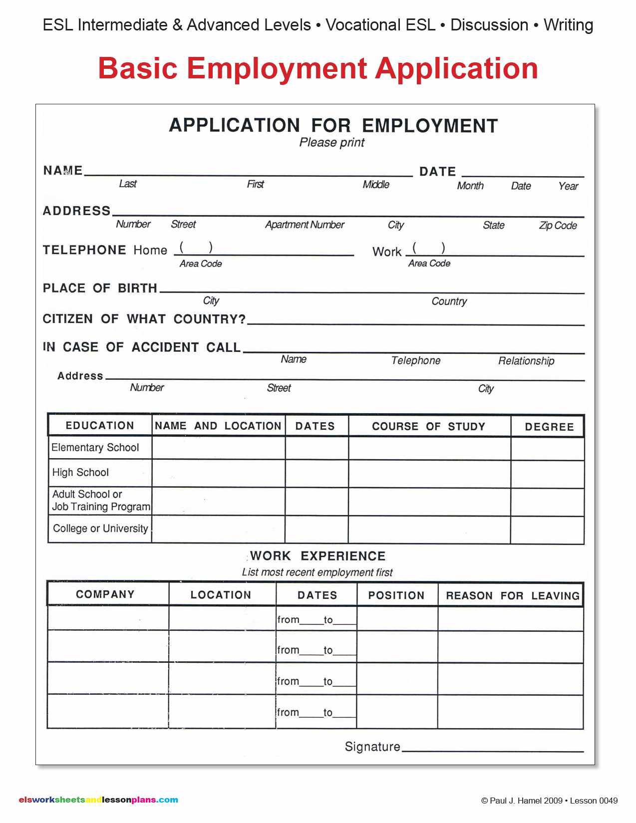 Employment Application June 2015