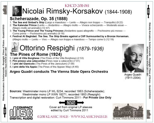 Rimsky-Korsakov: Scheherazade, Op. 35; Respighi: Pines of Rome - Vienna State Opera Orchestra/Argeo Quadri - Additional View 1