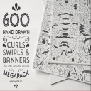 600 hand draw curls, swirls and banner design elements