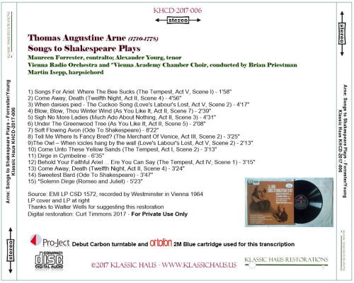 Thomas Augustine Arne - Songs to Shakespeare Plays - Additional View 1