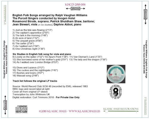 English Folk Songs arranged by Ralph Vaughan Williams - The Purcell Singers - Additional View 1