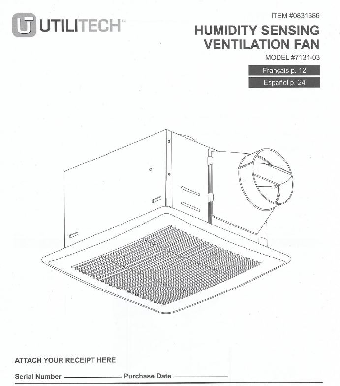 Utilitech Humidity Sensing Ventilation Fan Instructions Documents and