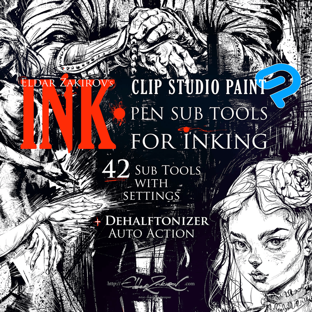 INK. for Clip Studio Paint: 41 Sub-Tools for Inking + AutoAction for Halftone removal - Digital Download