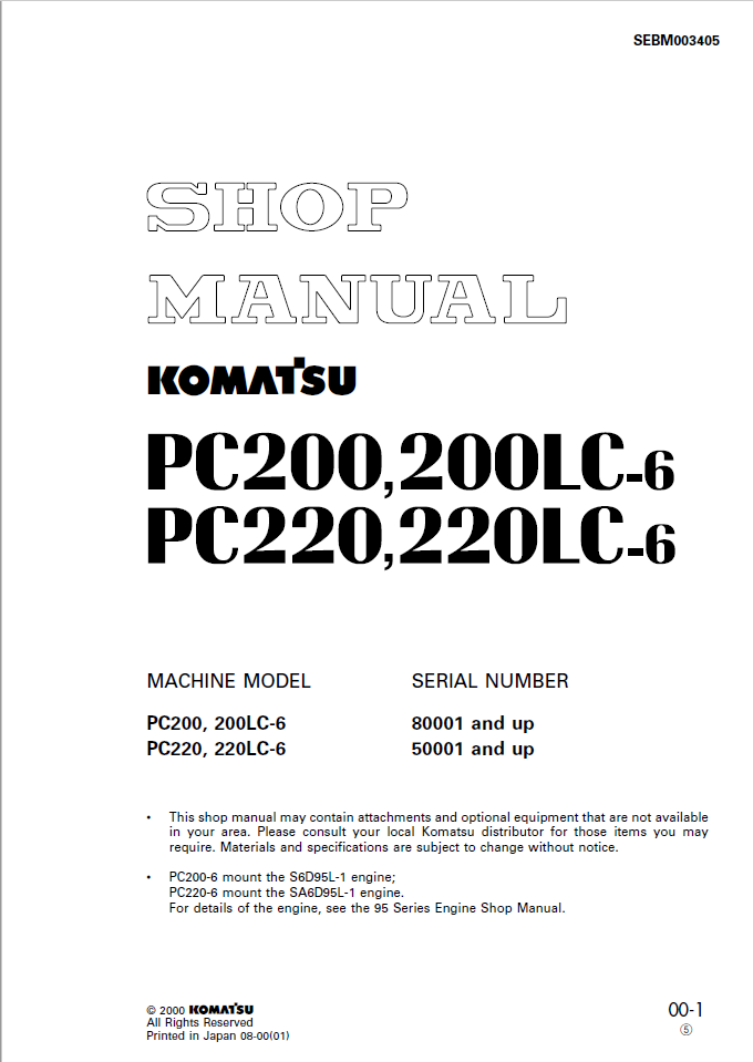 Komatsu PC200-6, PC200LC-6, PC220-6, PC220LC-6 80001 and up, 50001 and