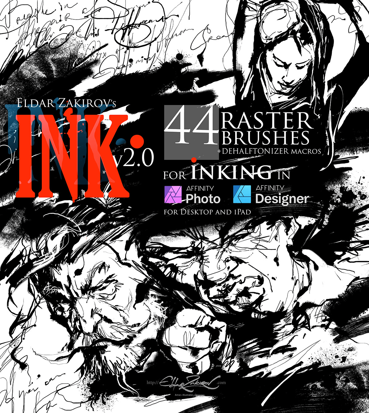 INK.• for Affinity Photo & Designer: 44 raster Brushes + Dehalftonizer - Digital Download
