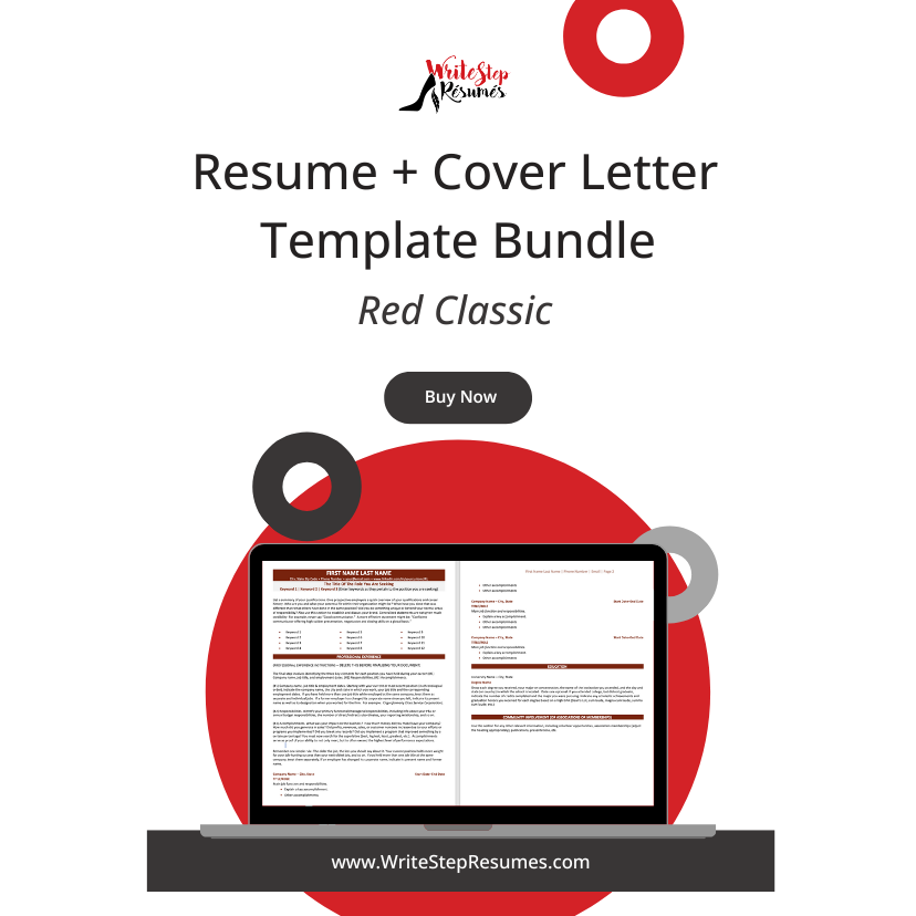 Resume + Cover Letter Template Bundle - Red Classic - Digital Download