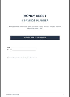 Money Reset & Savings Planner - Digital Download
