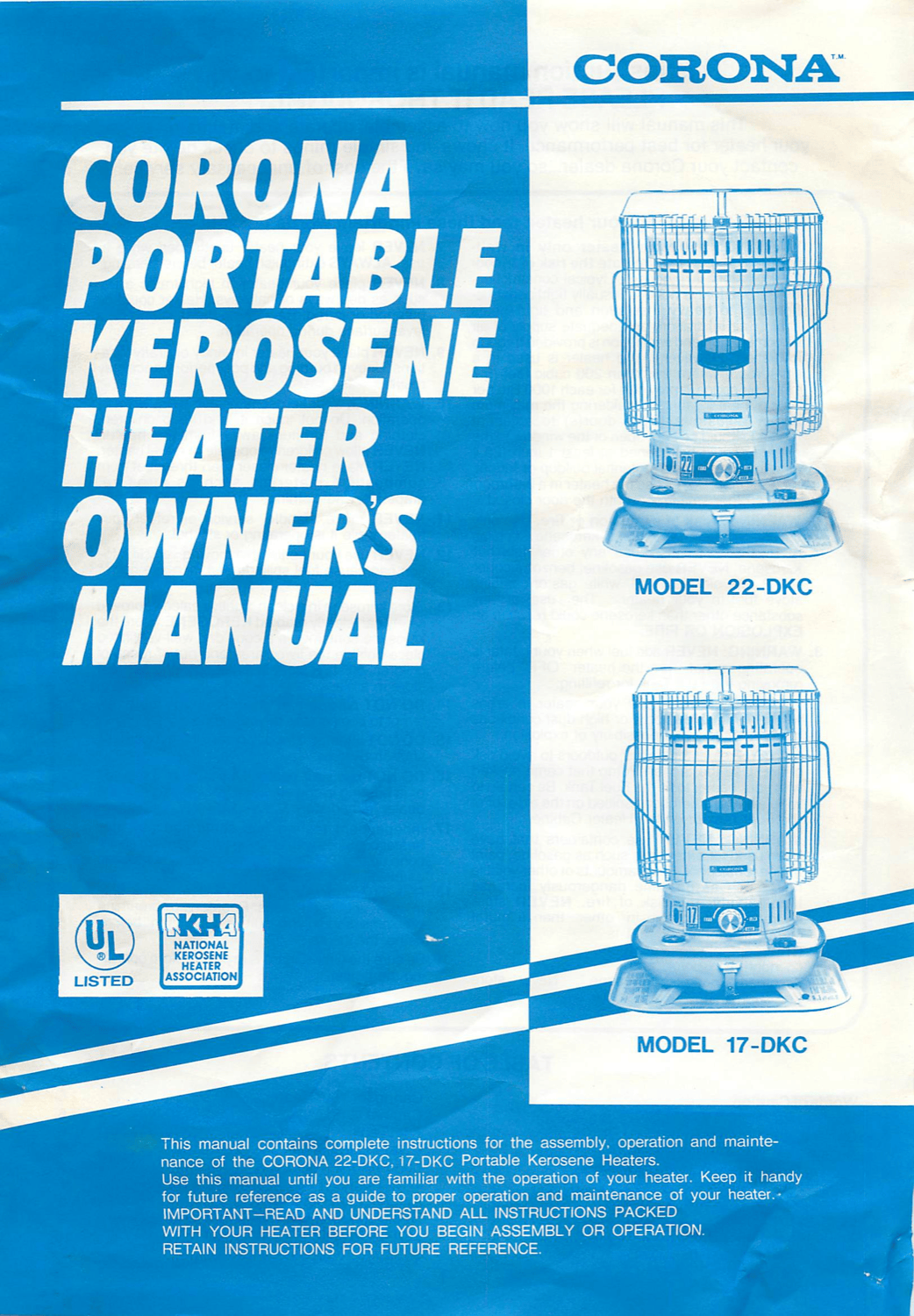 CORONA 17-DKC 22-DKC Kerosene Heater Operating Manual - Digital Download