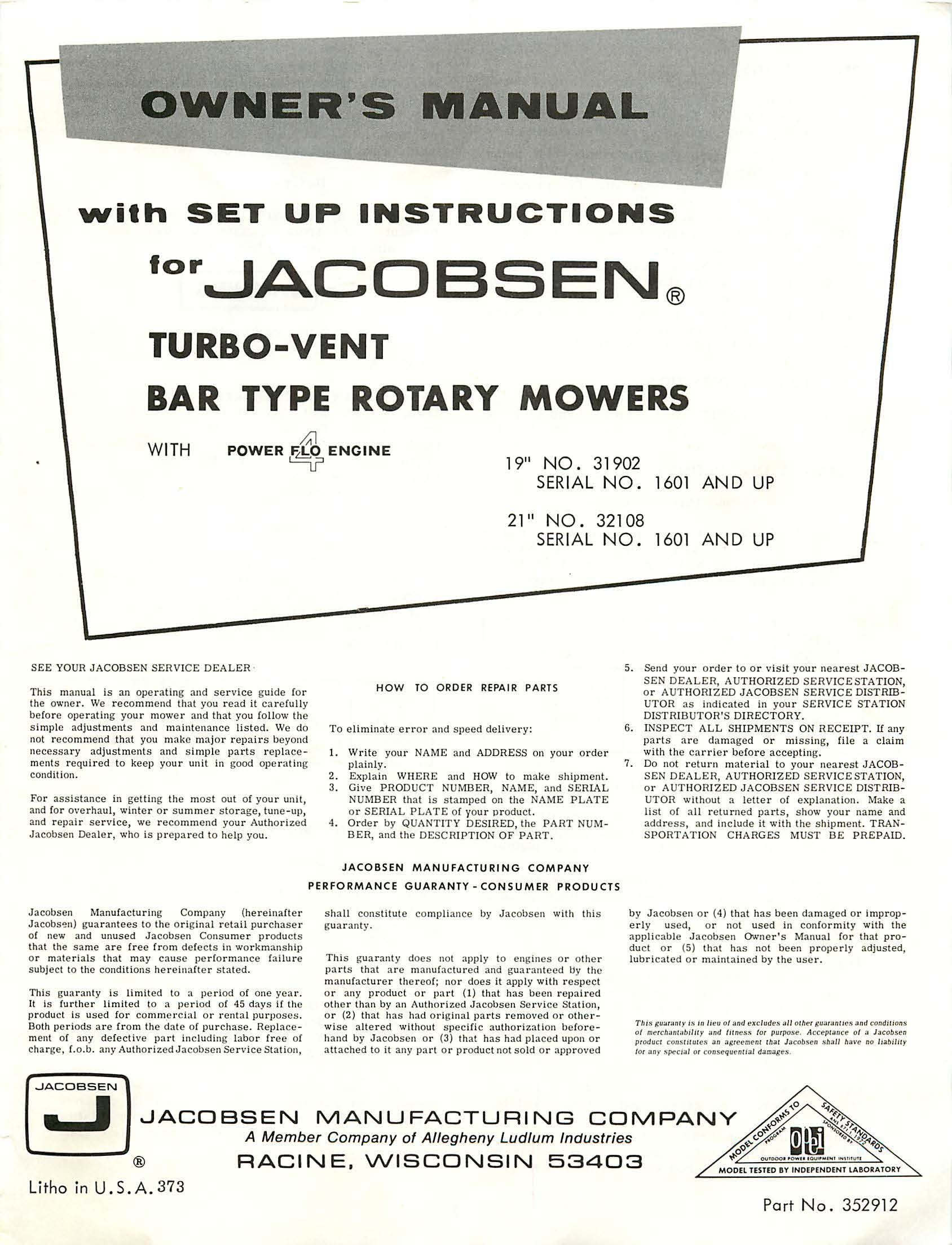 Jacobsen Turbo-Vent Bar Type Rotary Mower Manual | Documents and Forms |  Manuals
