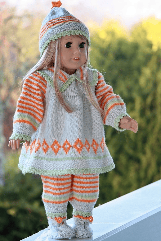 KnittingDollPatterns 0064D GITTE - PANTS, DRESS, HAT and SHOES - Digital Download